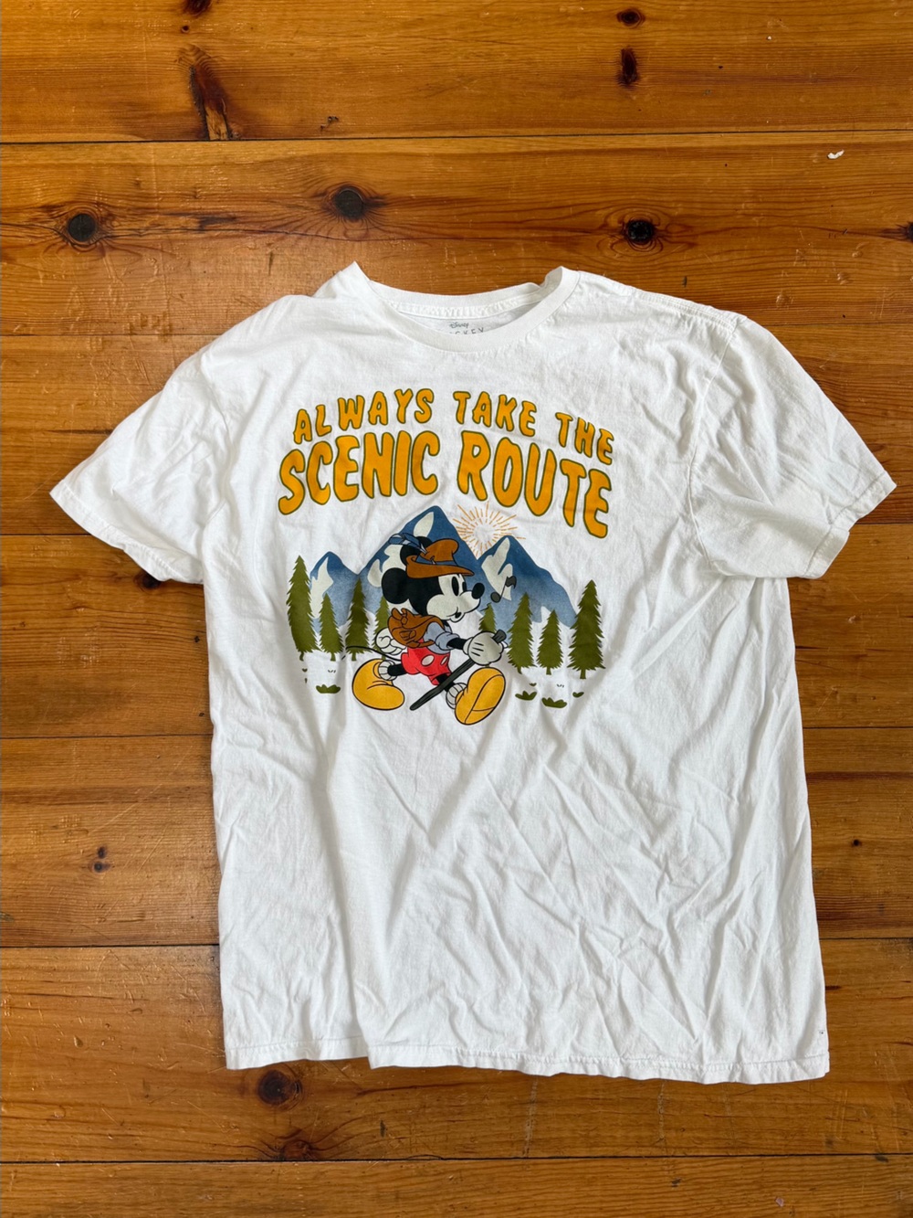 Disney White Tee with Mickey Hiking and Yellow Graphic Accents